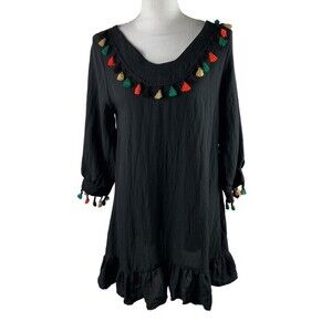 a Shappe Black Boho Tunic Top Blouse Small/Medium Tassels Green Yellow Orange